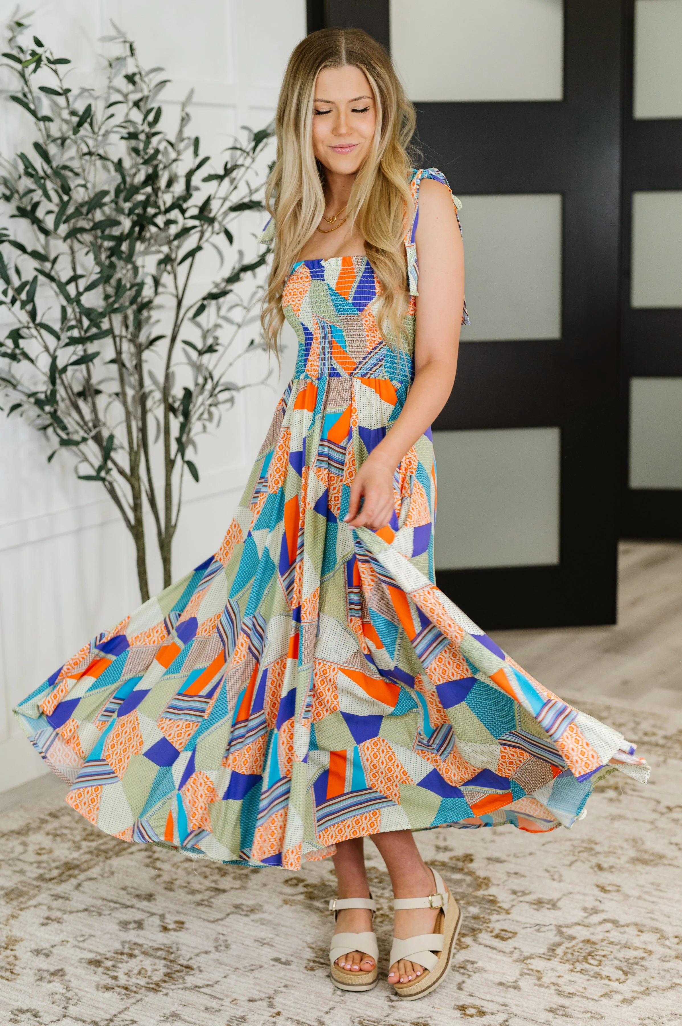 Paint Me Pretty Square Neck Dress in Lime, Blue and Tangerine - Image 4