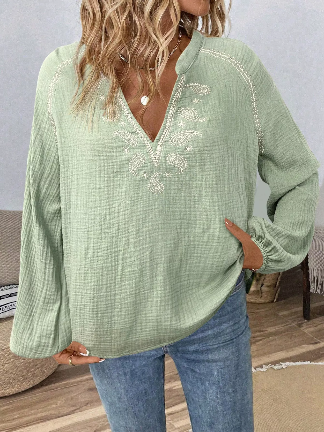Paisley Notched Balloon Sleeve Blouse - Image 20