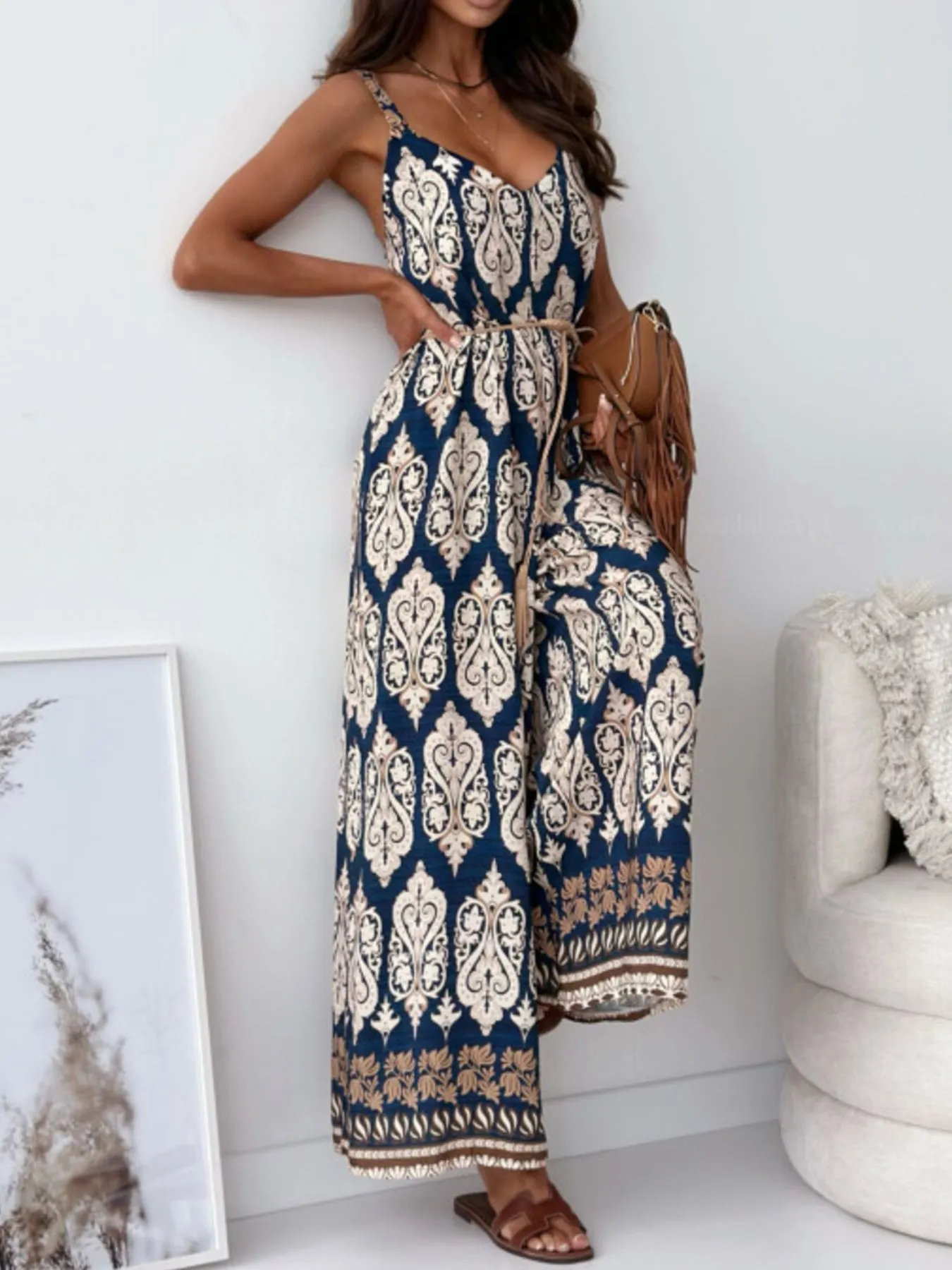 Paisley Print Spaghetti Strap Wide Leg Jumpsuit - Image 2