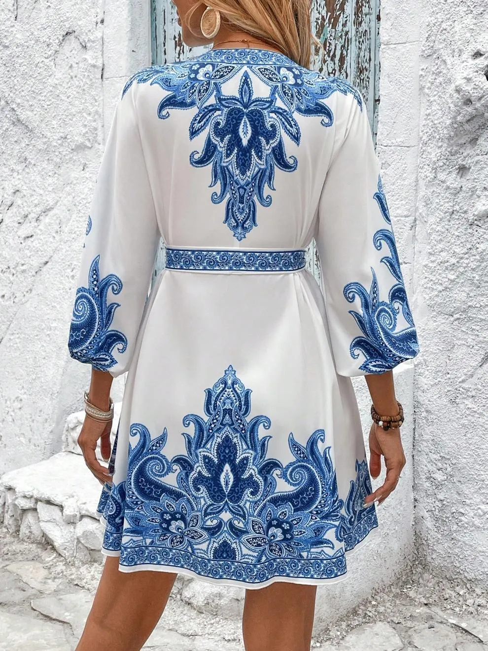 Paisley V-Neck 3/4 Sleeve Mini Dress - Image 3