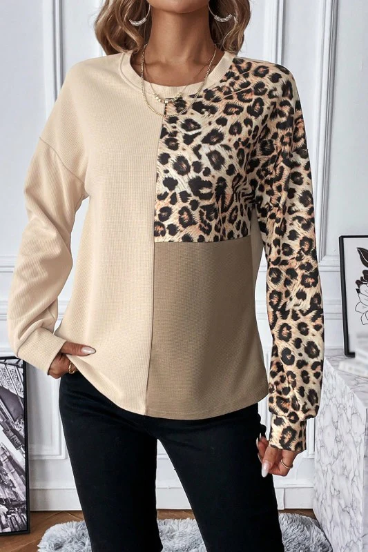 Pale Khaki Leopard Colorblock Waffle Knit Top - Image 12
