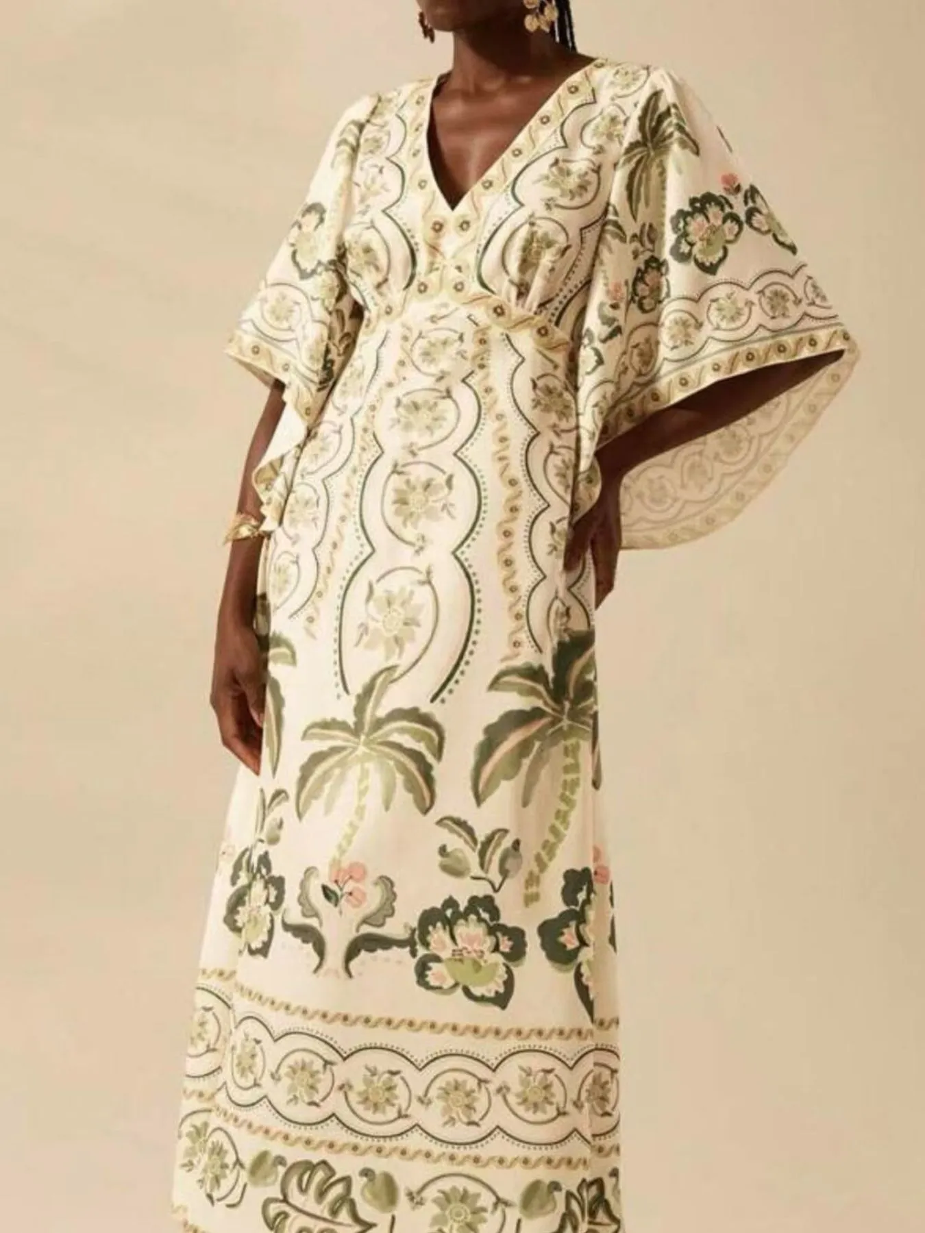 Palm Print V-Neck Midi Dress - Image 11
