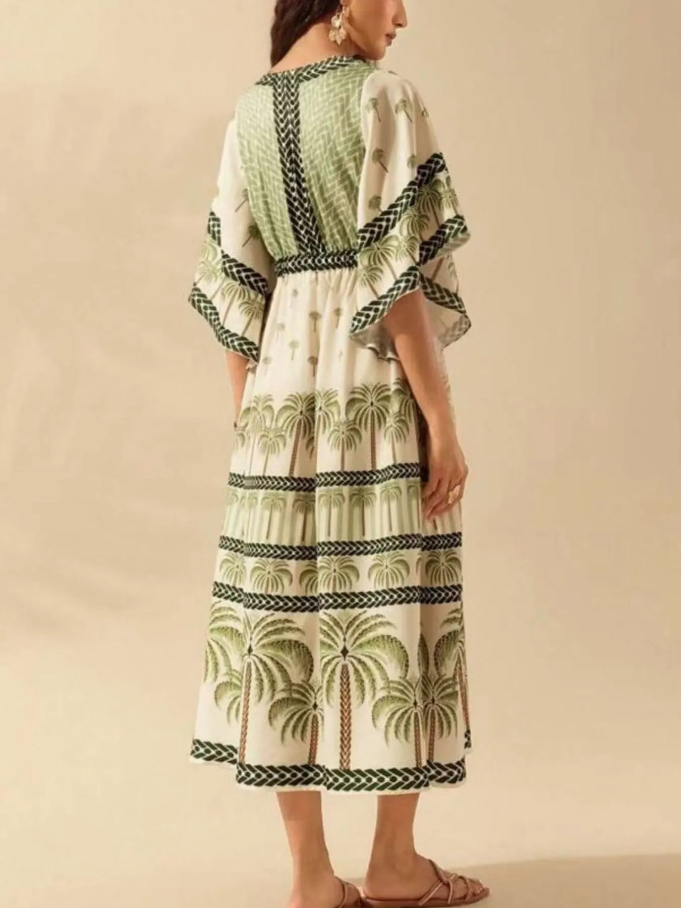 Palm Print V-Neck Midi Dress - Image 2