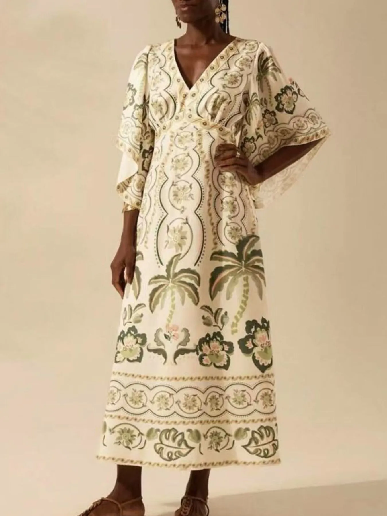 Palm Print V-Neck Midi Dress - Image 8