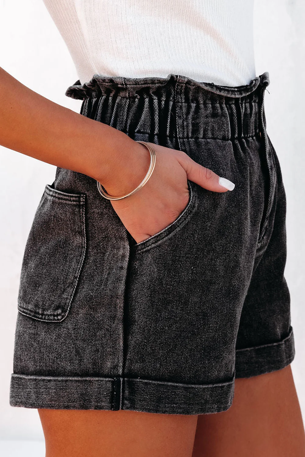 Paperbag Waist Denim Shorts with Pockets - Image 3