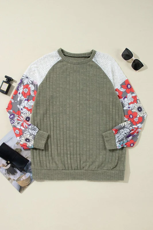 Parchment Floral Patchwork Raglan Sleeve Ribbed Bl - Image 12