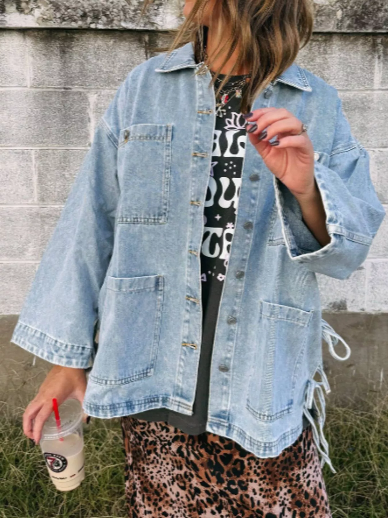 Patched Pockets Side Tie Denim Jacket - Image 3