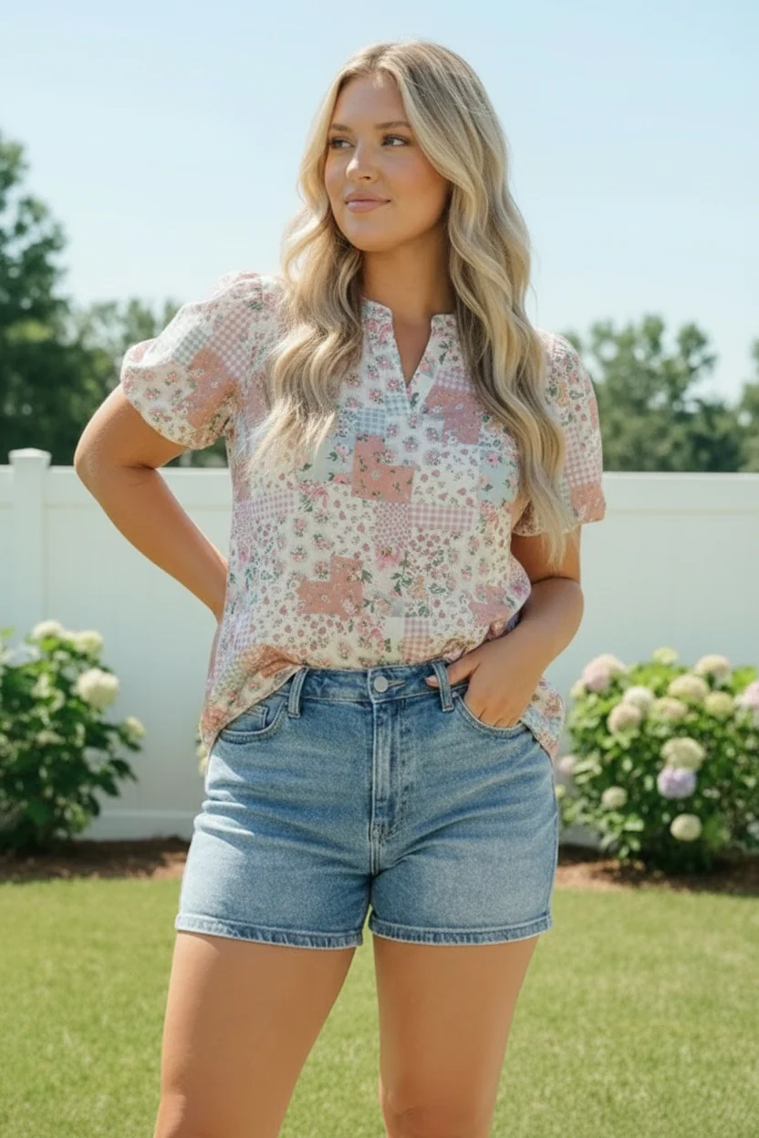 Patchwork Floral Puff Sleeve Top - Image 14