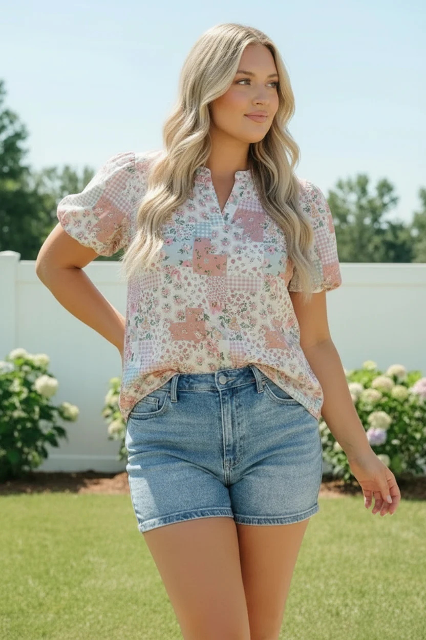 Patchwork Floral Puff Sleeve Top - Image 2