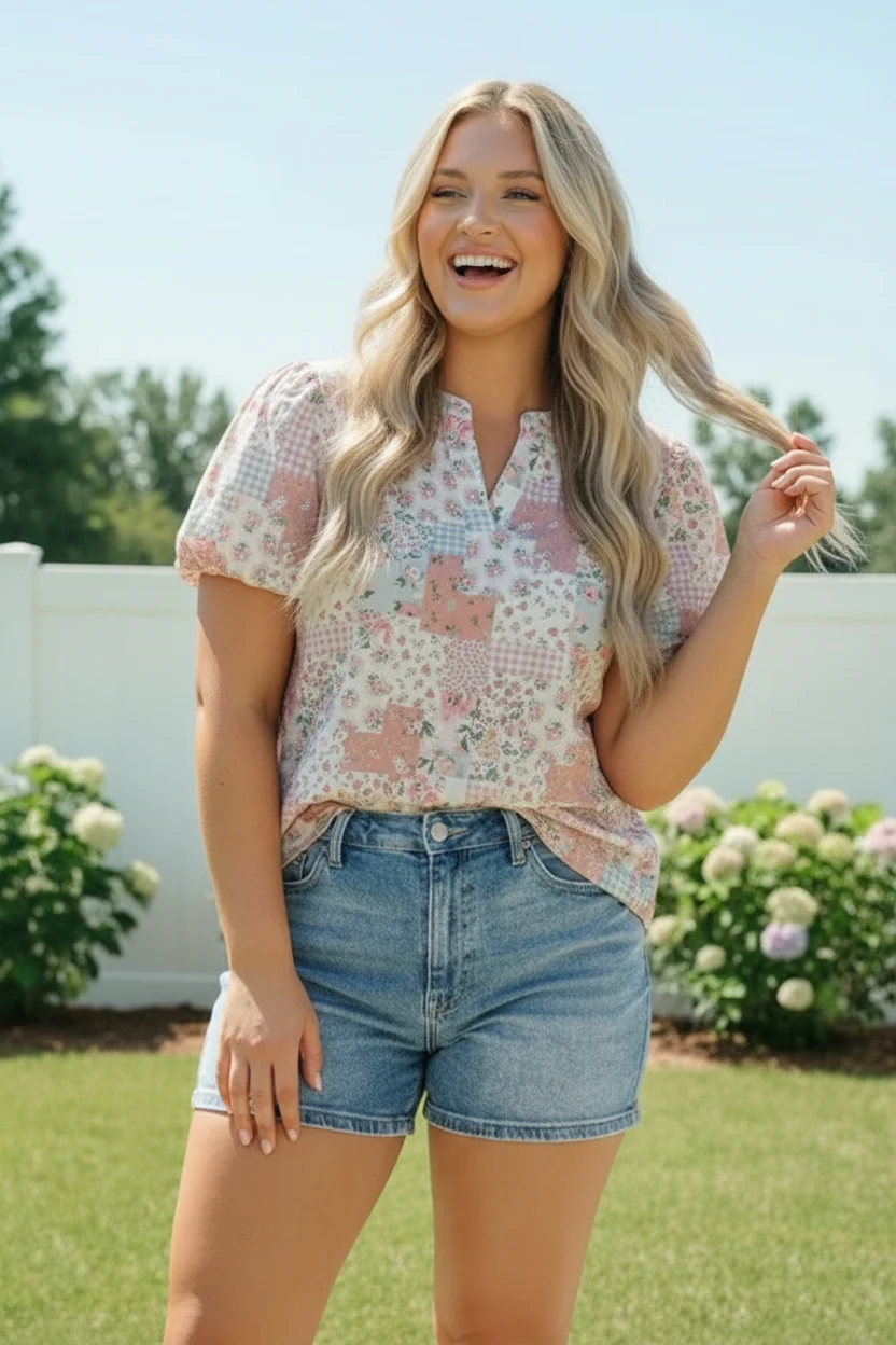 Patchwork Floral Puff Sleeve Top - Image 4