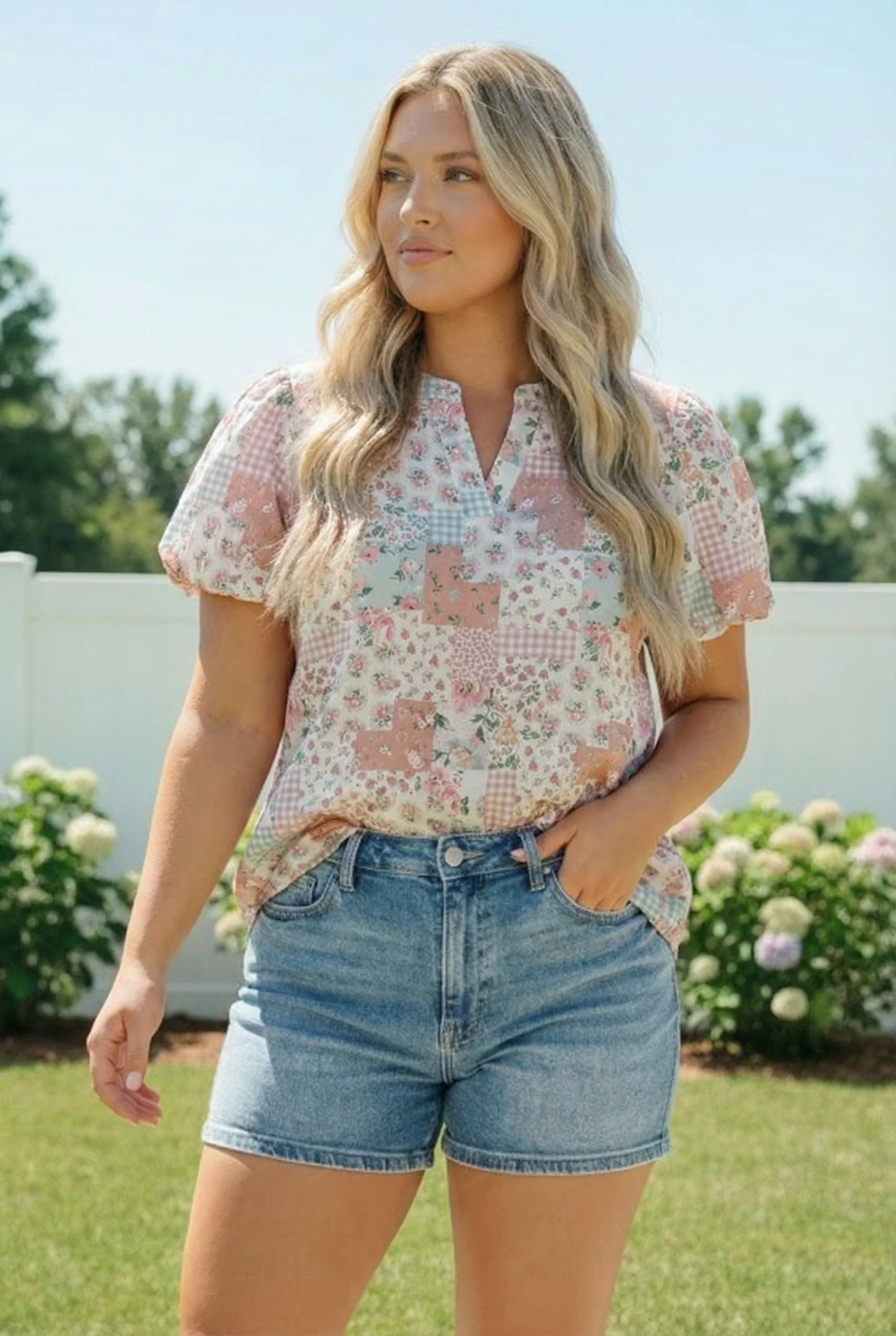 Patchwork Floral Puff Sleeve Top - Image 8