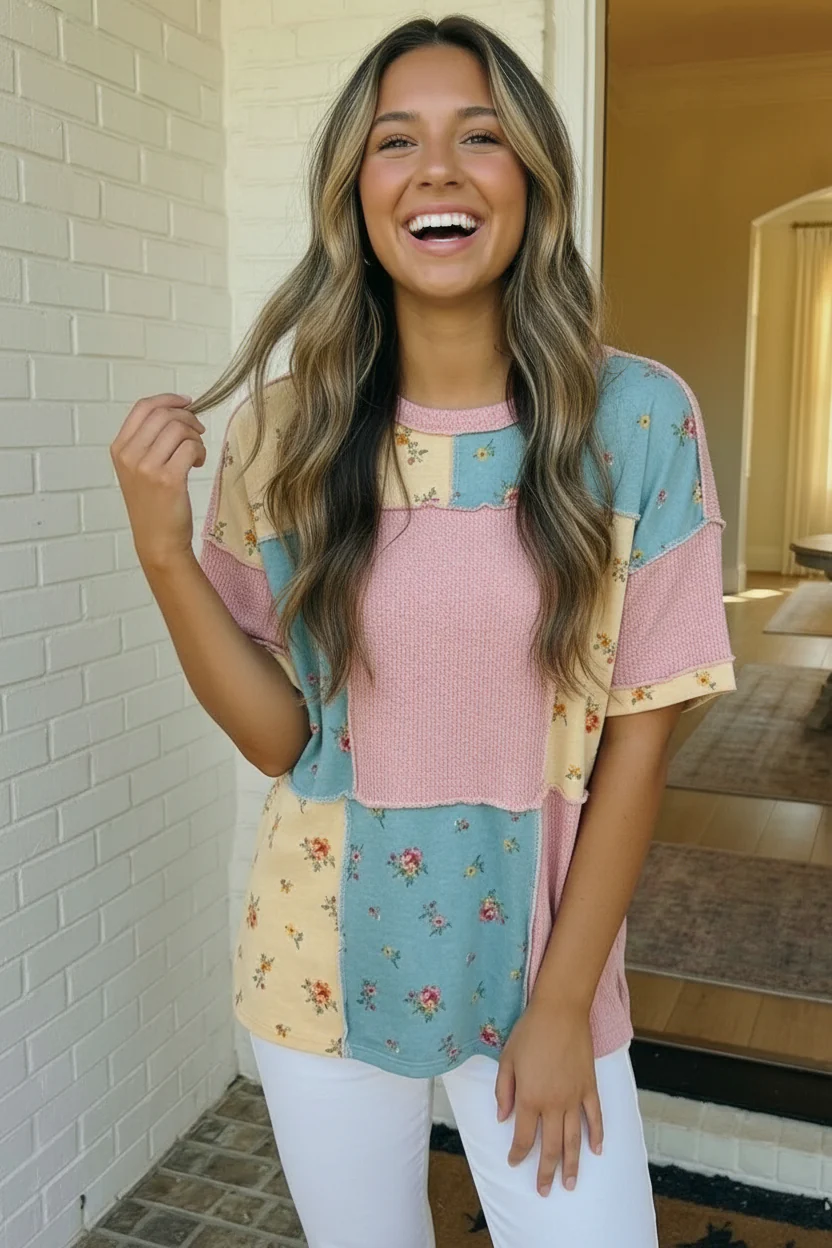Patchwork Floral Waffle Knit Top - Image 6