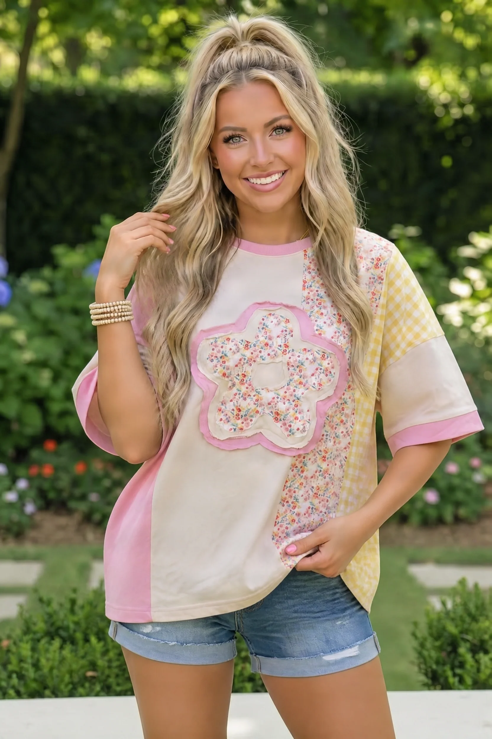 Patchwork Flower Oversized Tee in Pink and Yellow - Image 5