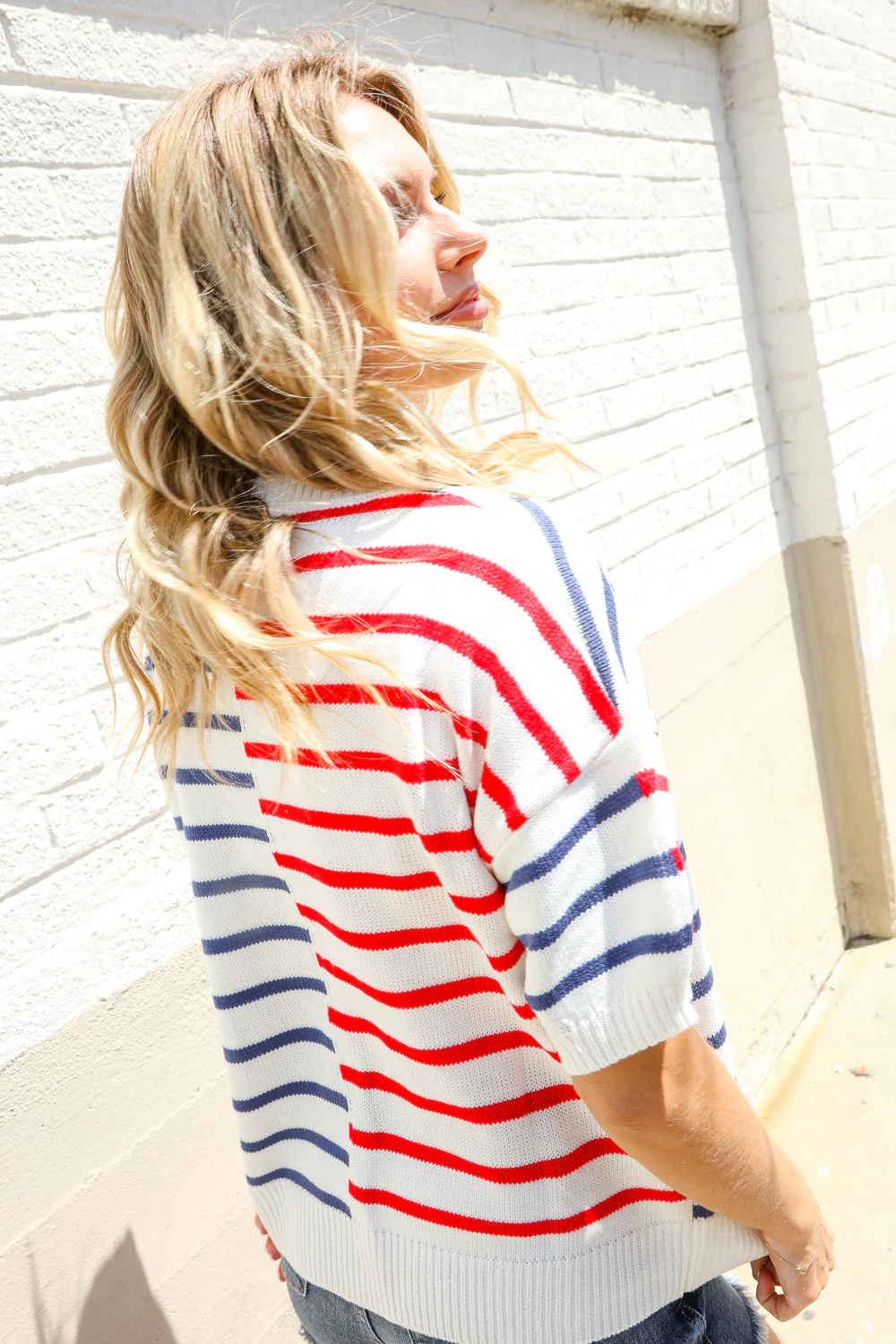 Patriotic Red & Blue Stripe Drop Shoulder Oversize Sweater Top - Image 10