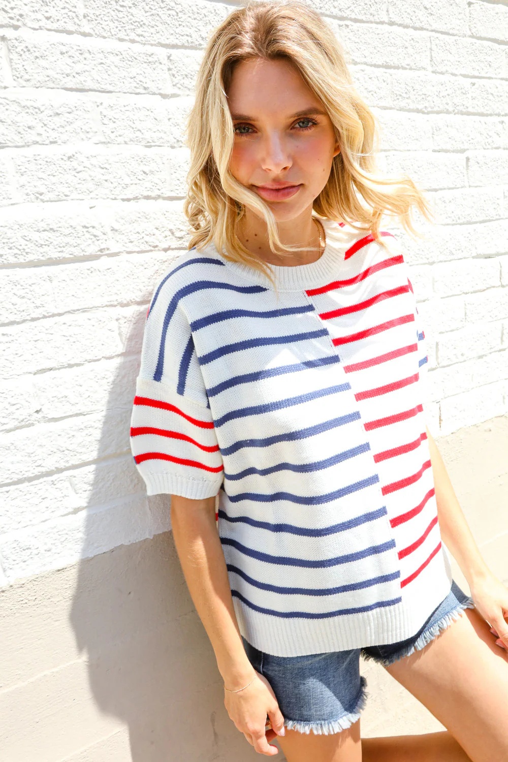 Patriotic Red & Blue Stripe Drop Shoulder Oversize Sweater Top - Image 11
