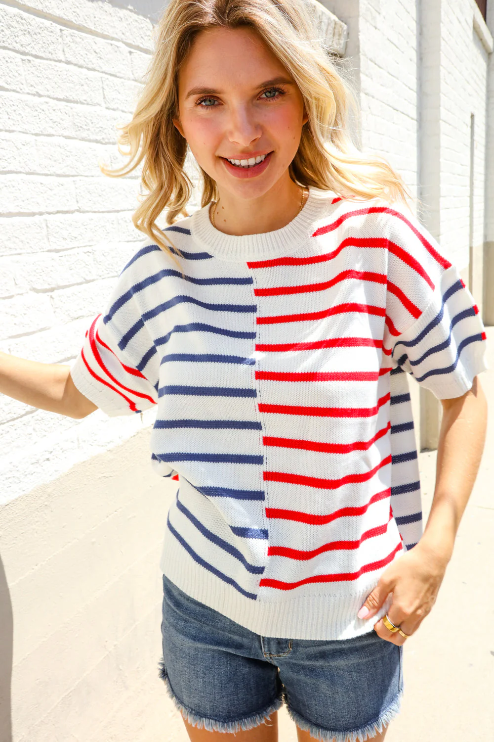 Patriotic Red & Blue Stripe Drop Shoulder Oversize Sweater Top - Image 13