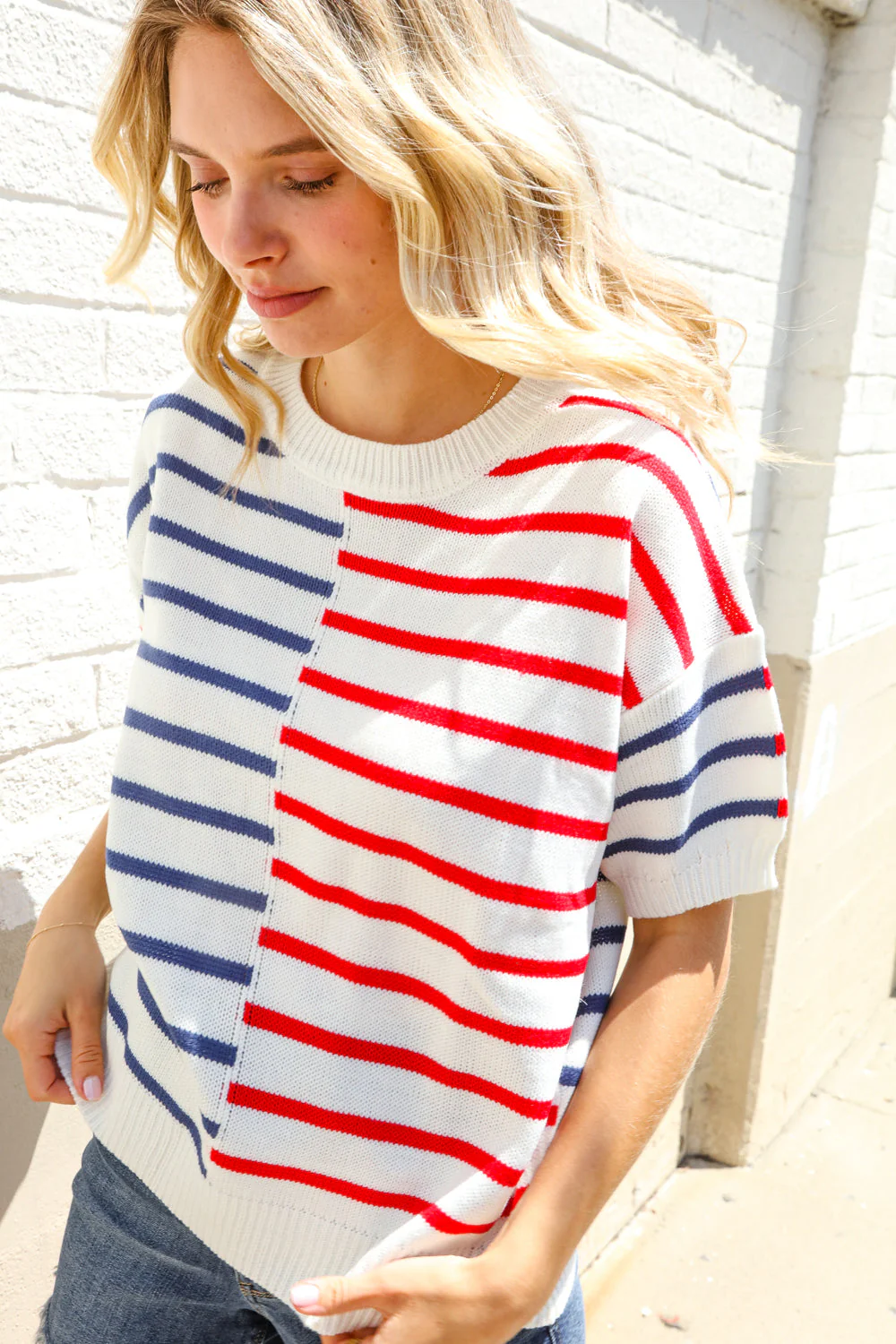 Patriotic Red & Blue Stripe Drop Shoulder Oversize Sweater Top - Image 14