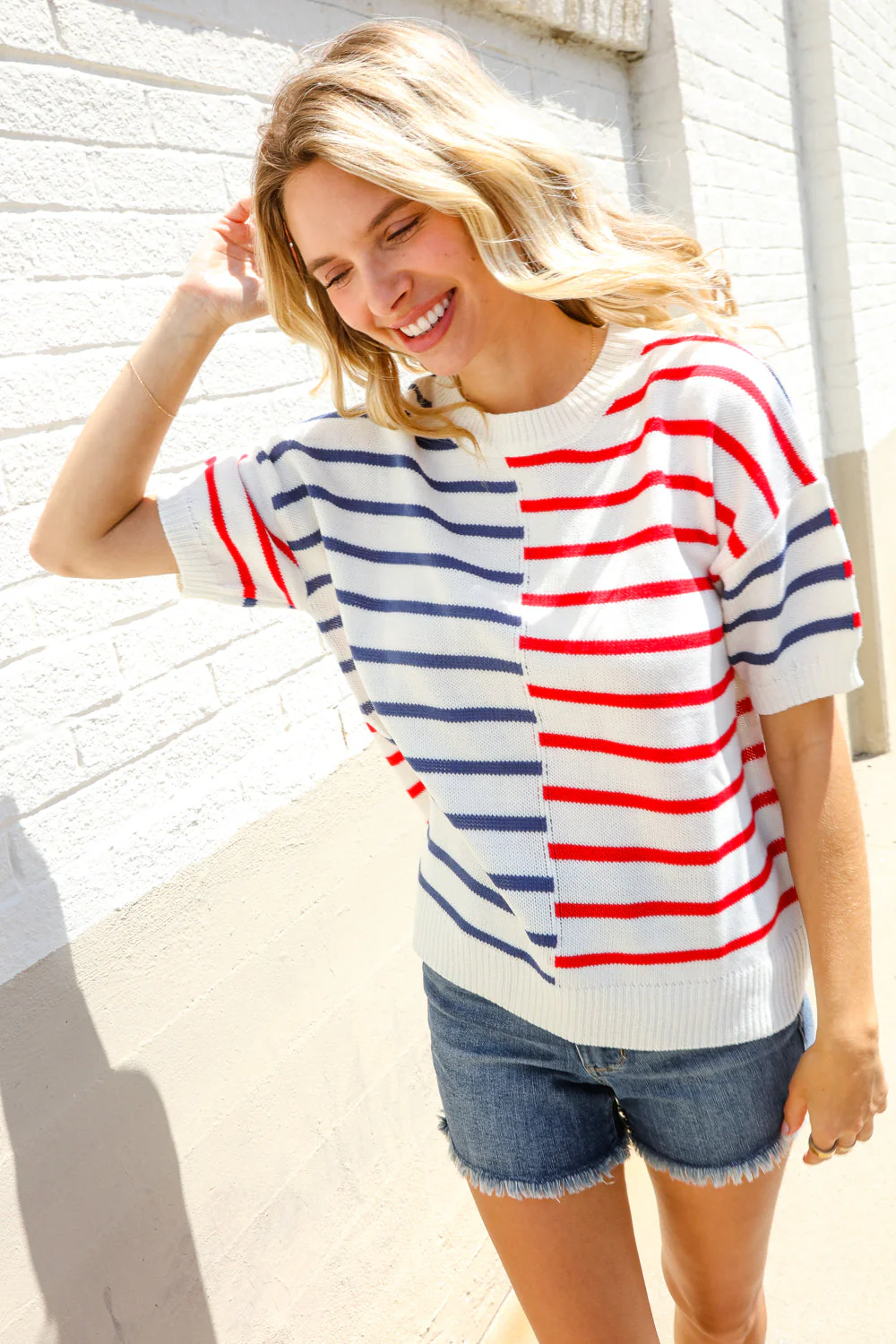 Patriotic Red & Blue Stripe Drop Shoulder Oversize Sweater Top - Image 16