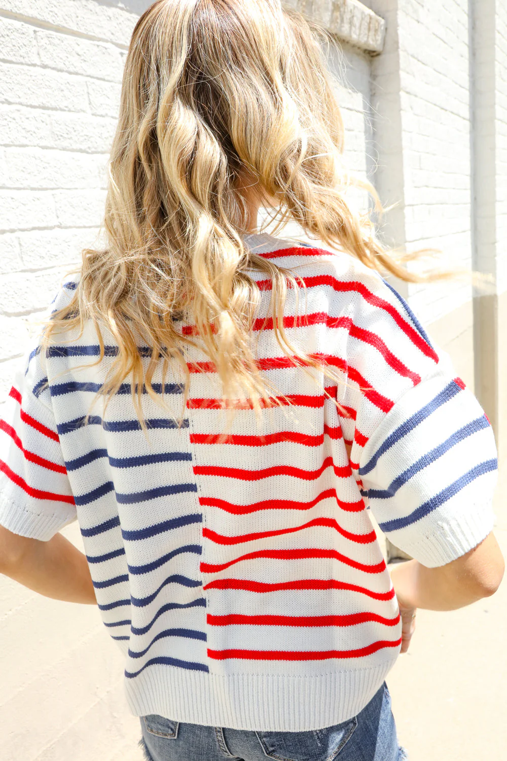 Patriotic Red & Blue Stripe Drop Shoulder Oversize Sweater Top - Image 2