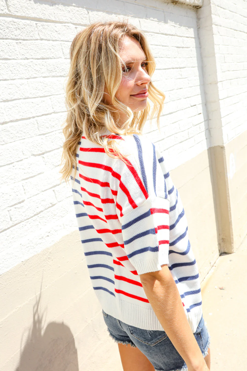 Patriotic Red & Blue Stripe Drop Shoulder Oversize Sweater Top - Image 7