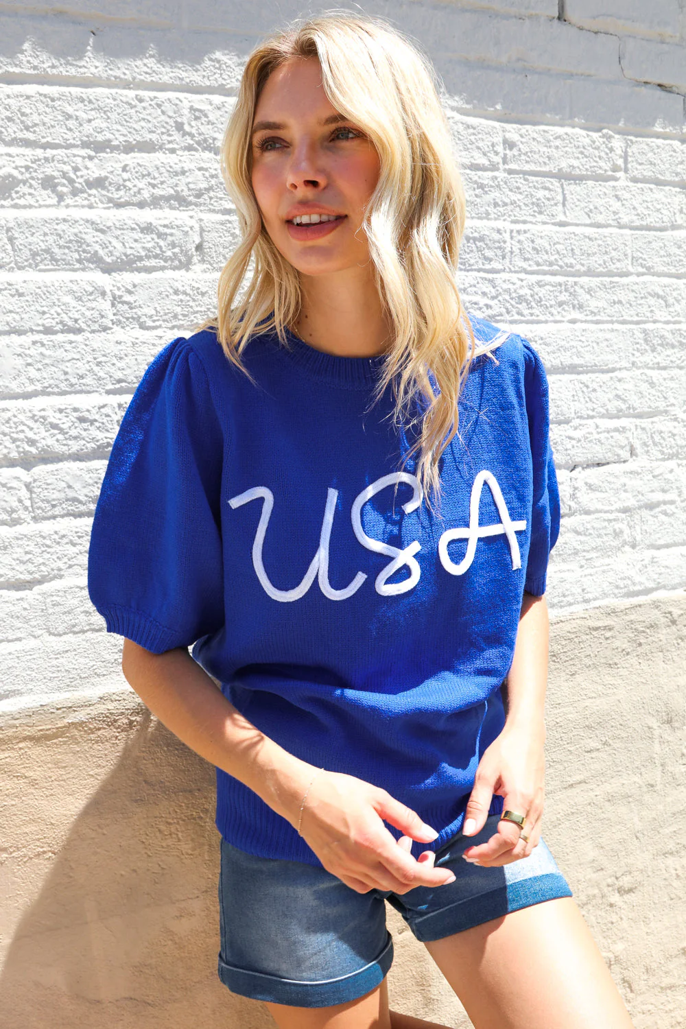 Patriotic USA Blue Knit Embroidery Puff Sleeve Sweater Top - Image 10