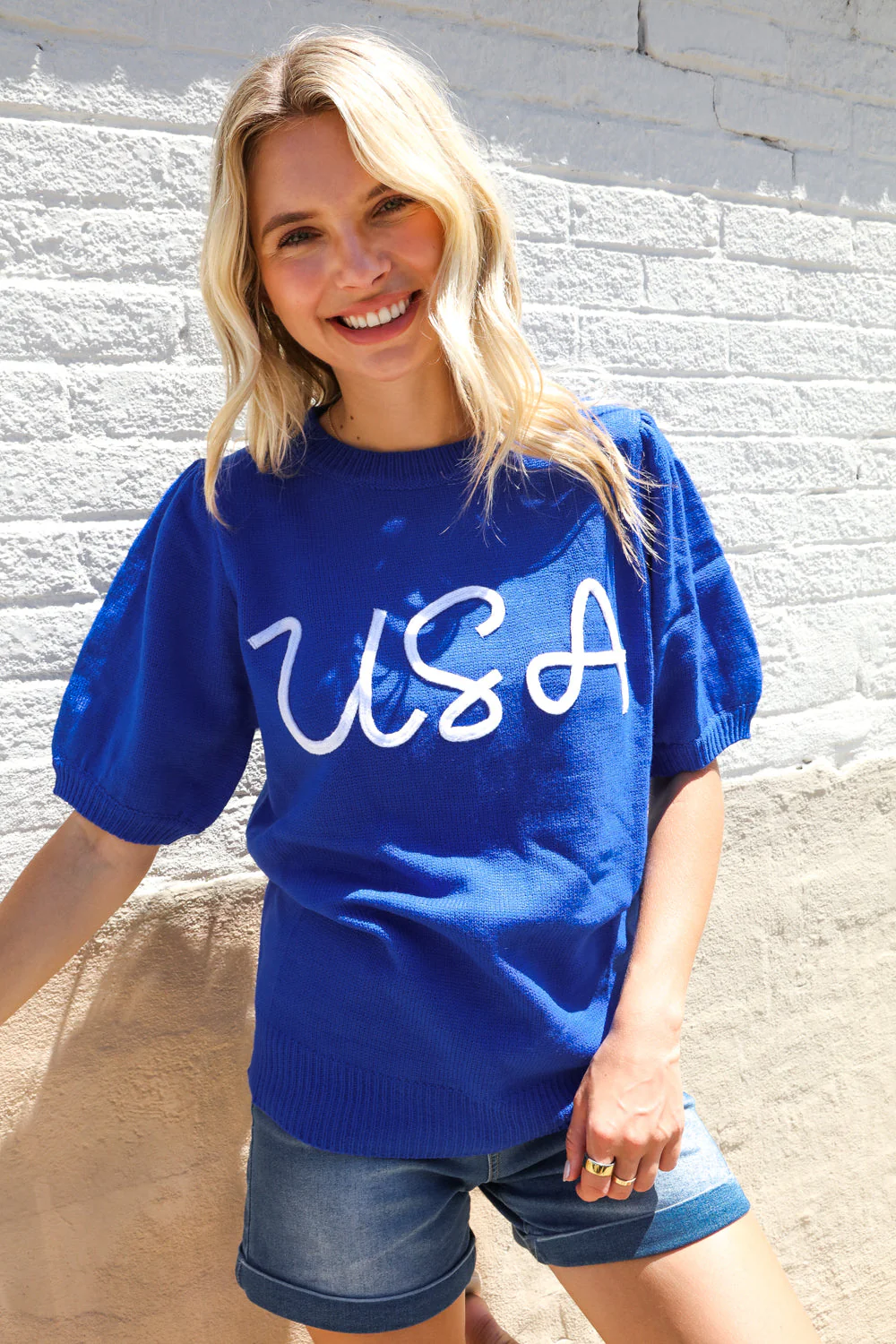 Patriotic USA Blue Knit Embroidery Puff Sleeve Sweater Top - Image 11