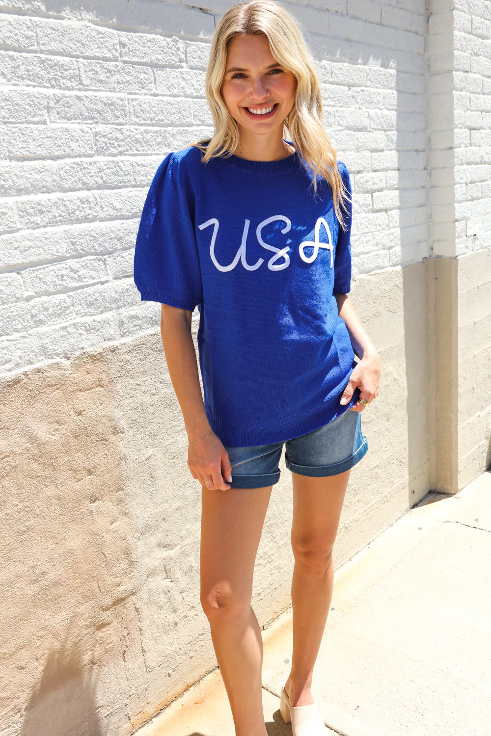 Patriotic USA Blue Knit Embroidery Puff Sleeve Sweater Top - Image 14