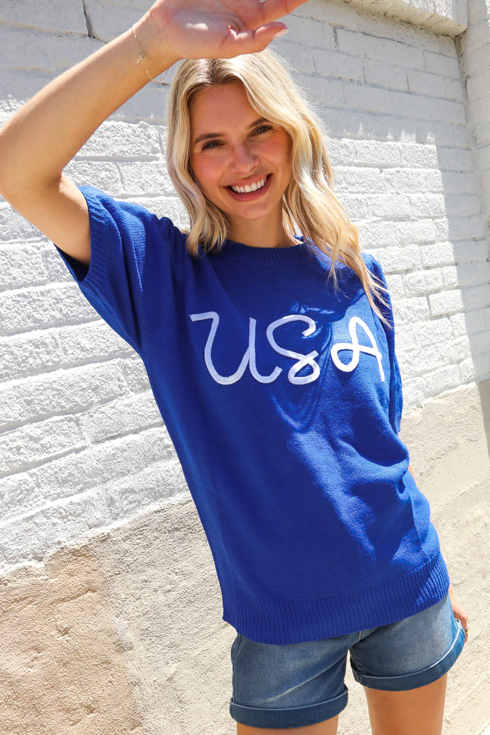 Patriotic USA Blue Knit Embroidery Puff Sleeve Sweater Top - Image 4