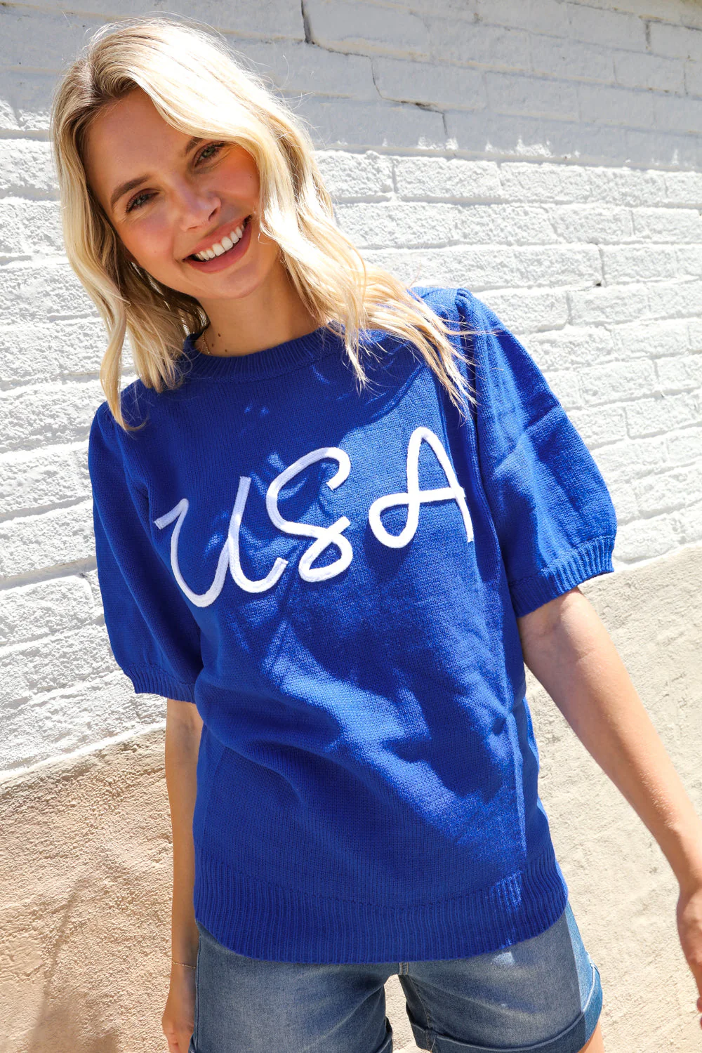 Patriotic USA Blue Knit Embroidery Puff Sleeve Sweater Top - Image 5