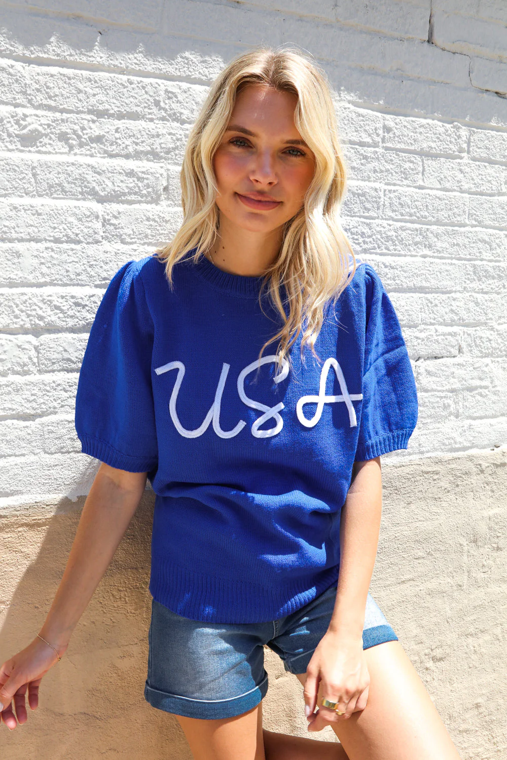 Patriotic USA Blue Knit Embroidery Puff Sleeve Sweater Top - Image 6