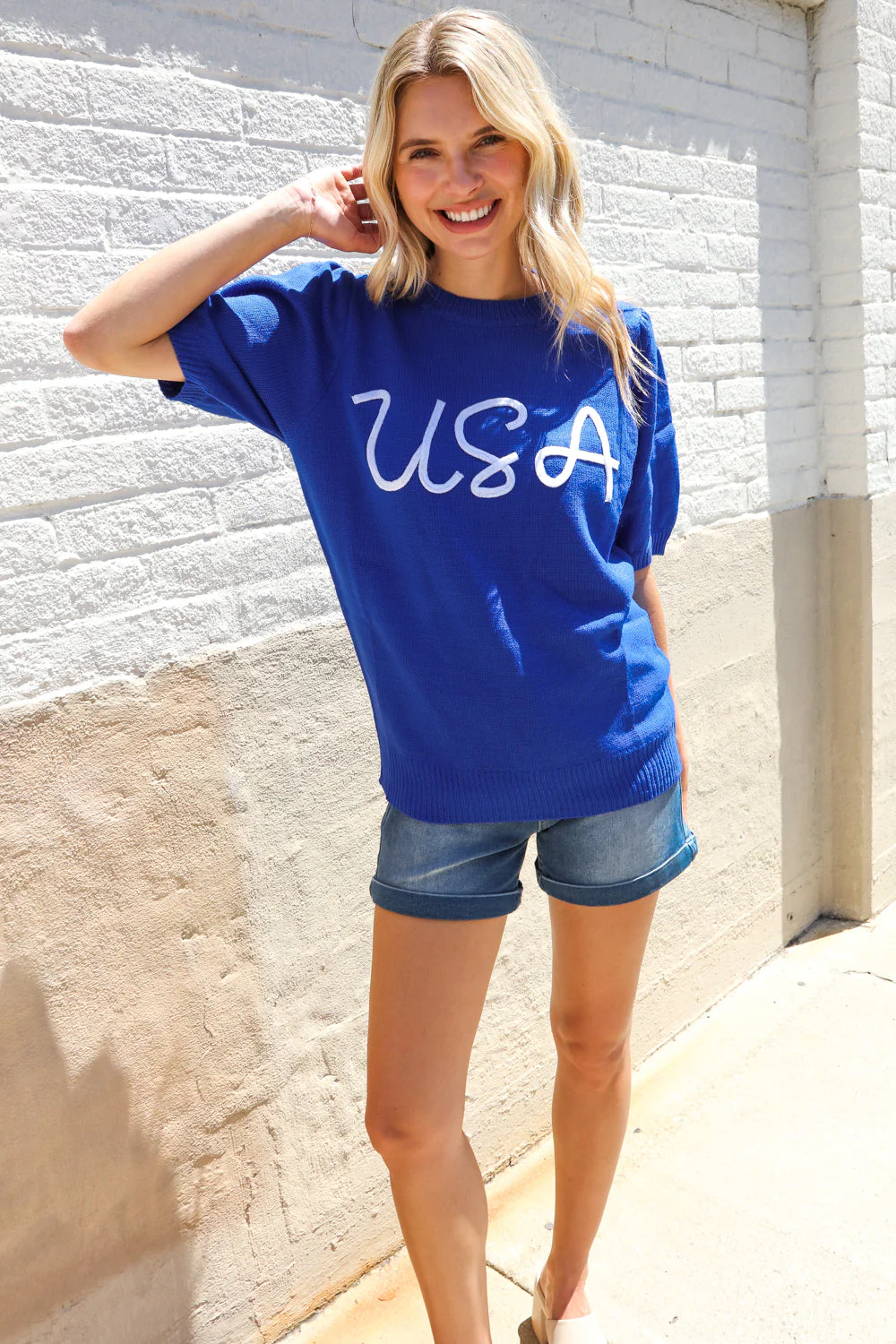 Patriotic USA Blue Knit Embroidery Puff Sleeve Sweater Top - Image 8