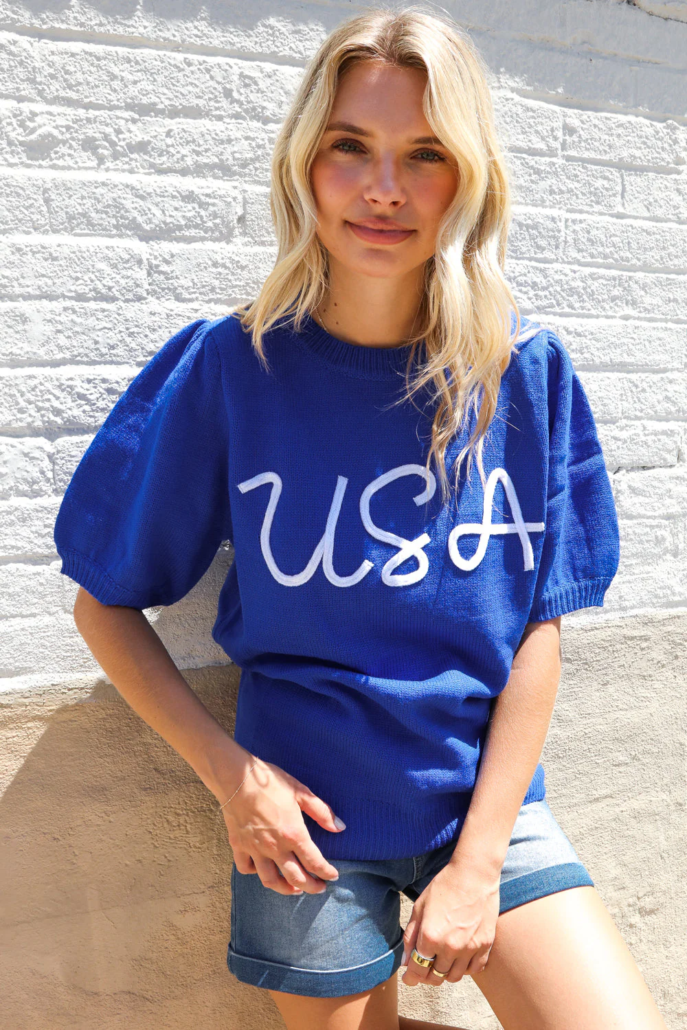 Patriotic USA Blue Knit Embroidery Puff Sleeve Sweater Top - Image 9
