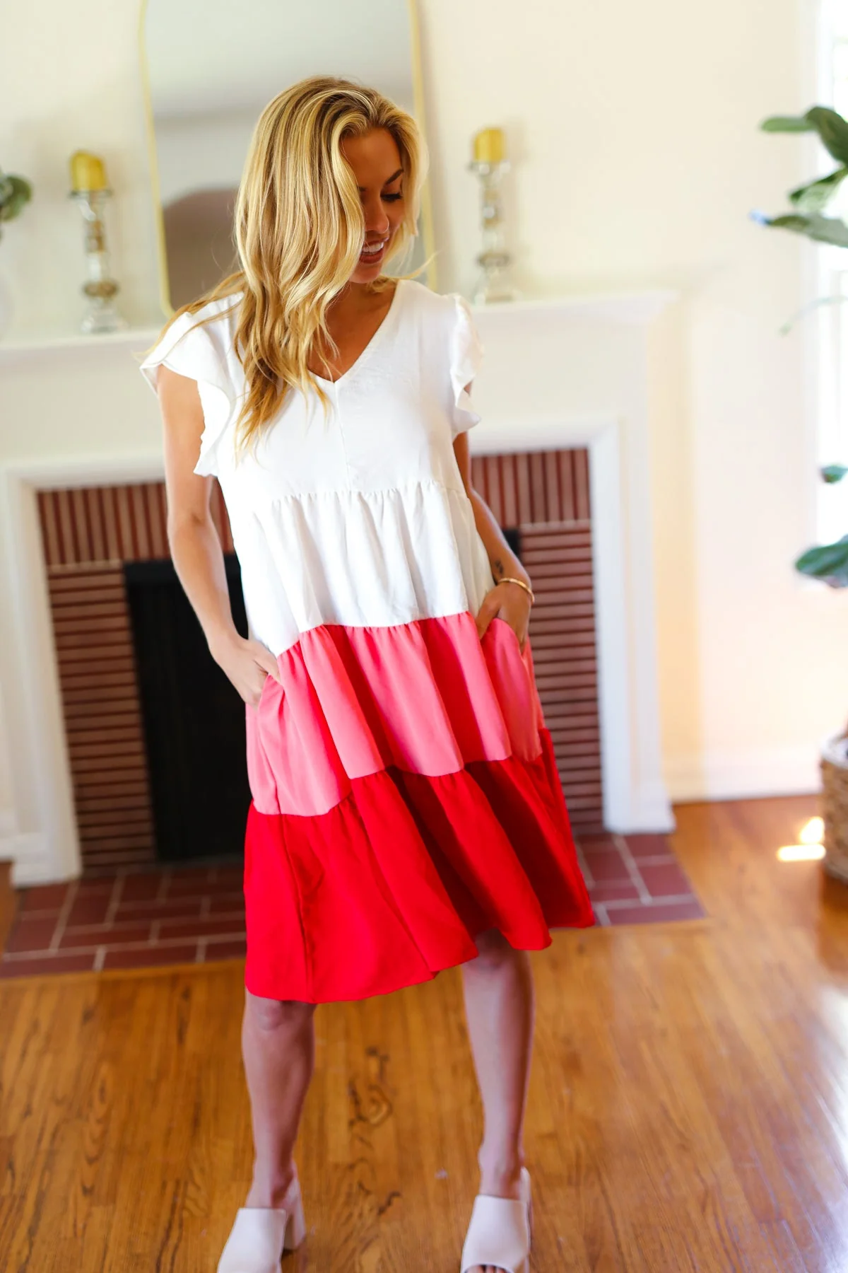 Peach & Cherry Red Tiered Frill Sleeve Midi Dress - Image 11