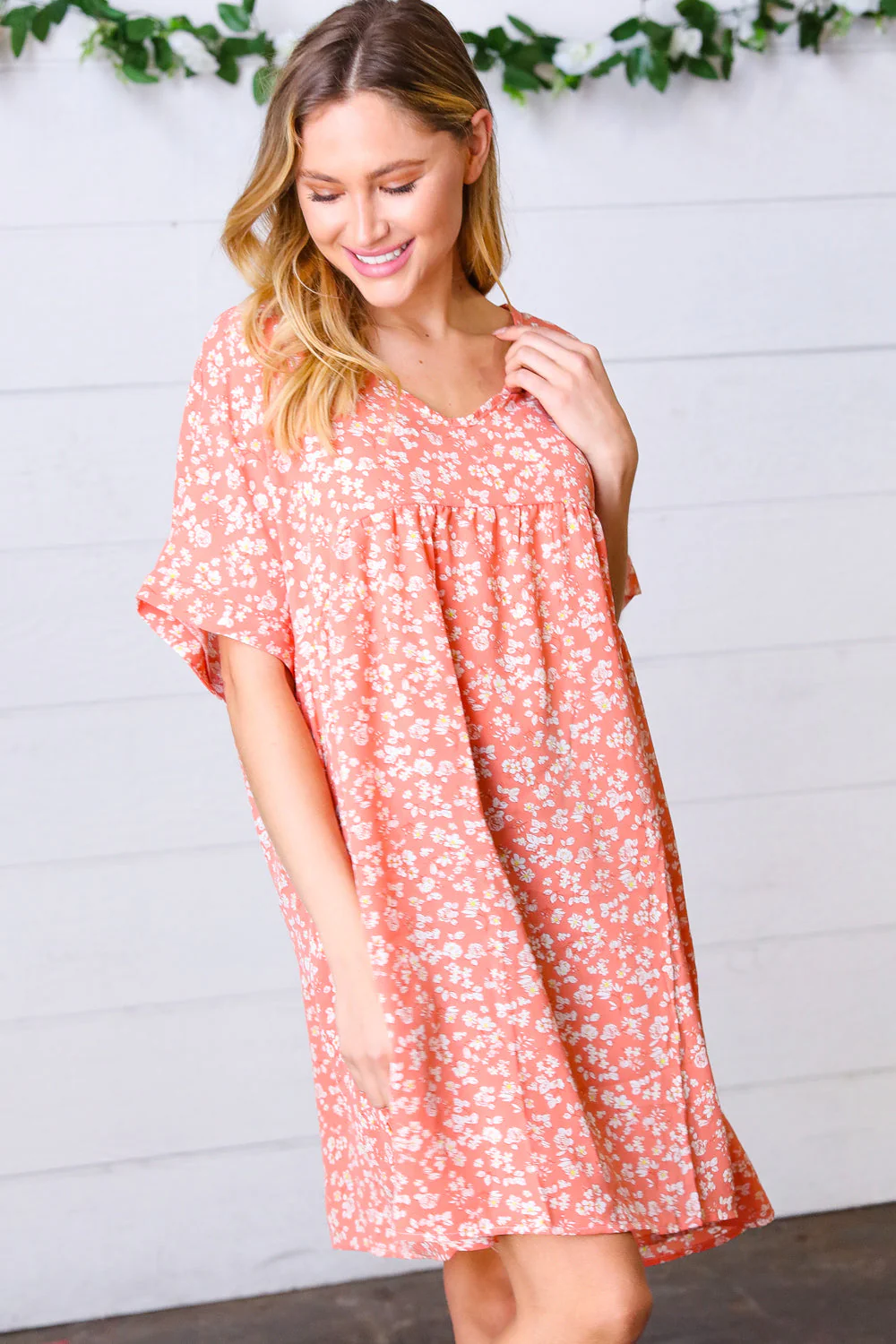 Peach Ditzy Floral Woven Dolman V Neck Dress - Image 3