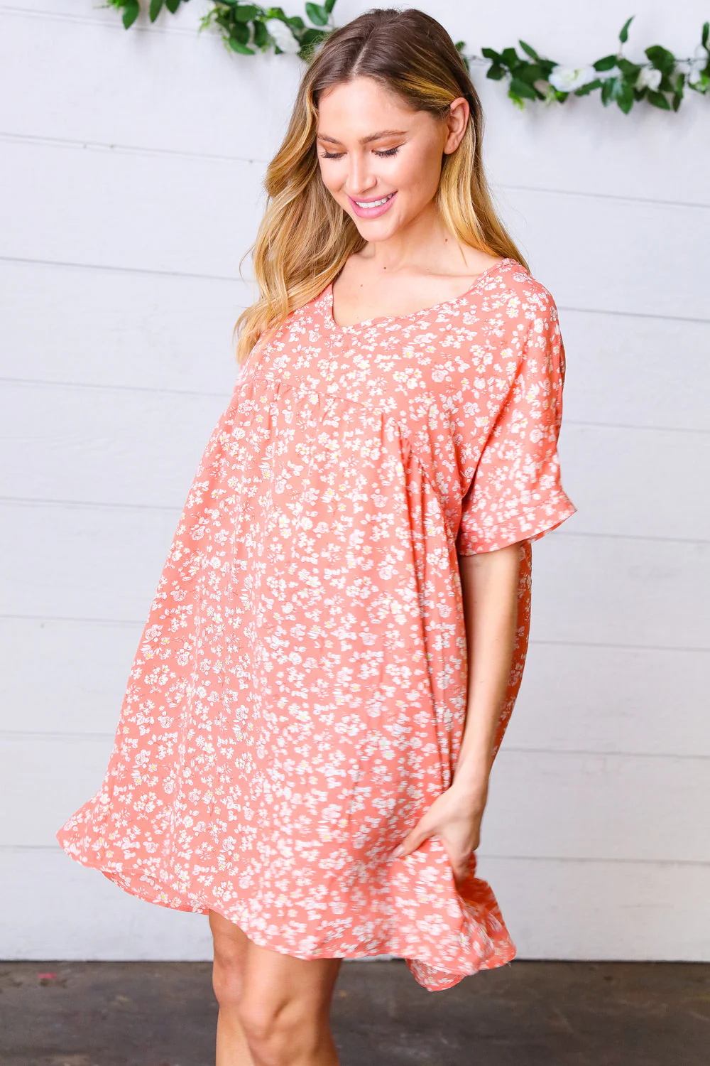 Peach Ditzy Floral Woven Dolman V Neck Dress - Image 4