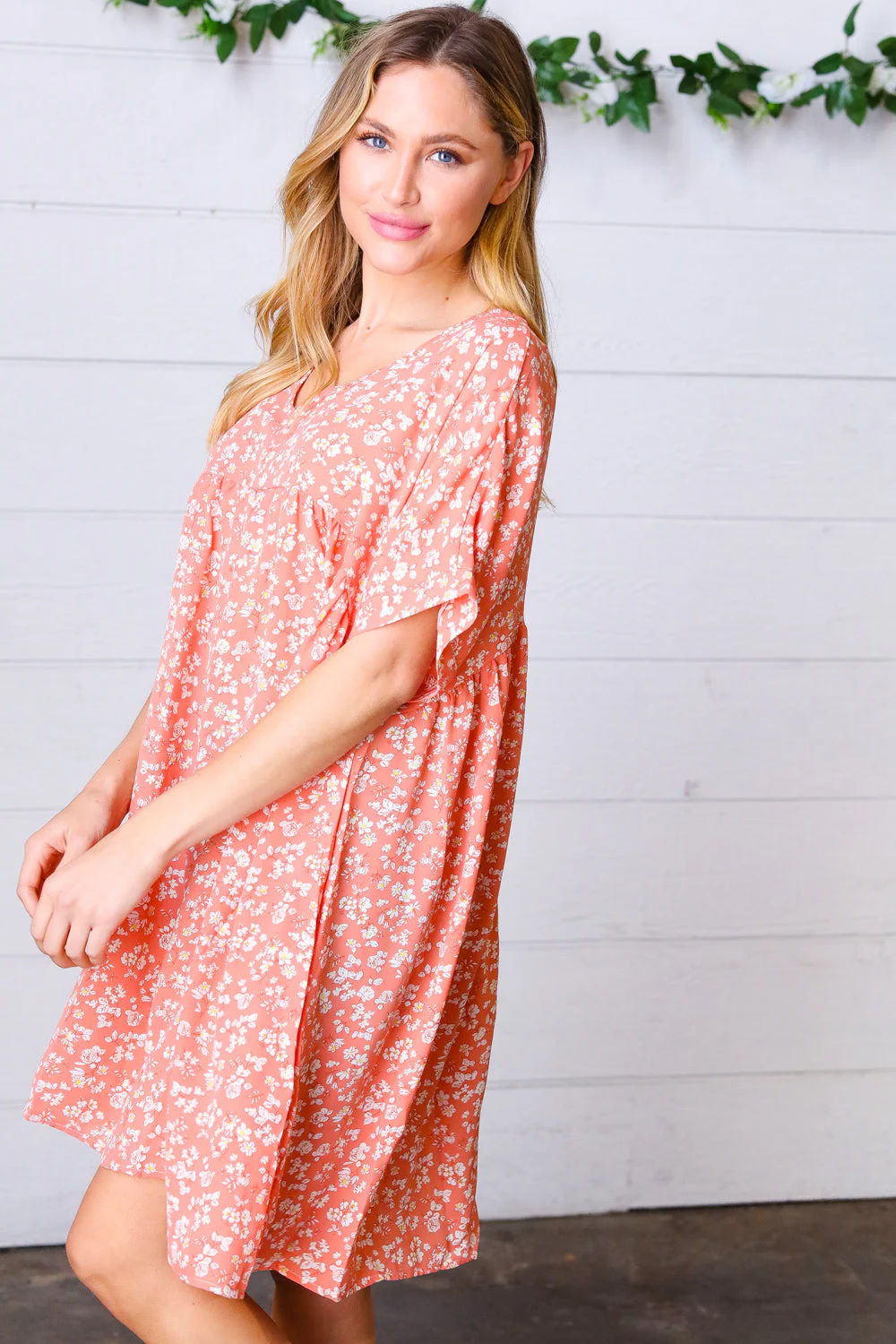 Peach Ditzy Floral Woven Dolman V Neck Dress - Image 7