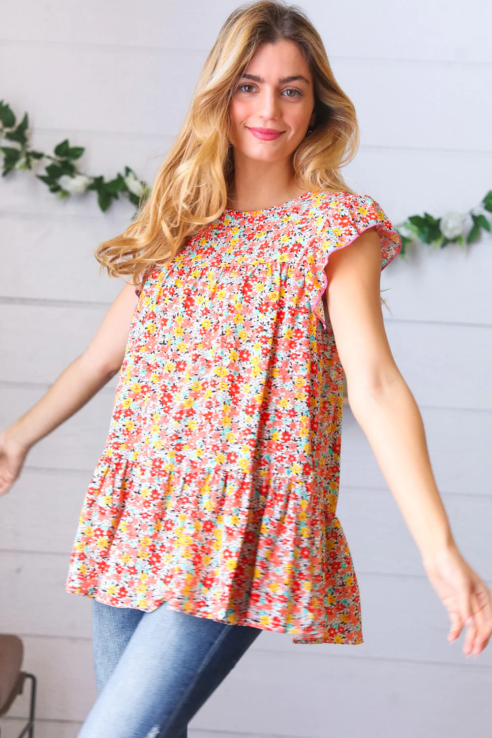 Sunset Floral Print Ruffle Tiered Keyhole Top - Image 3