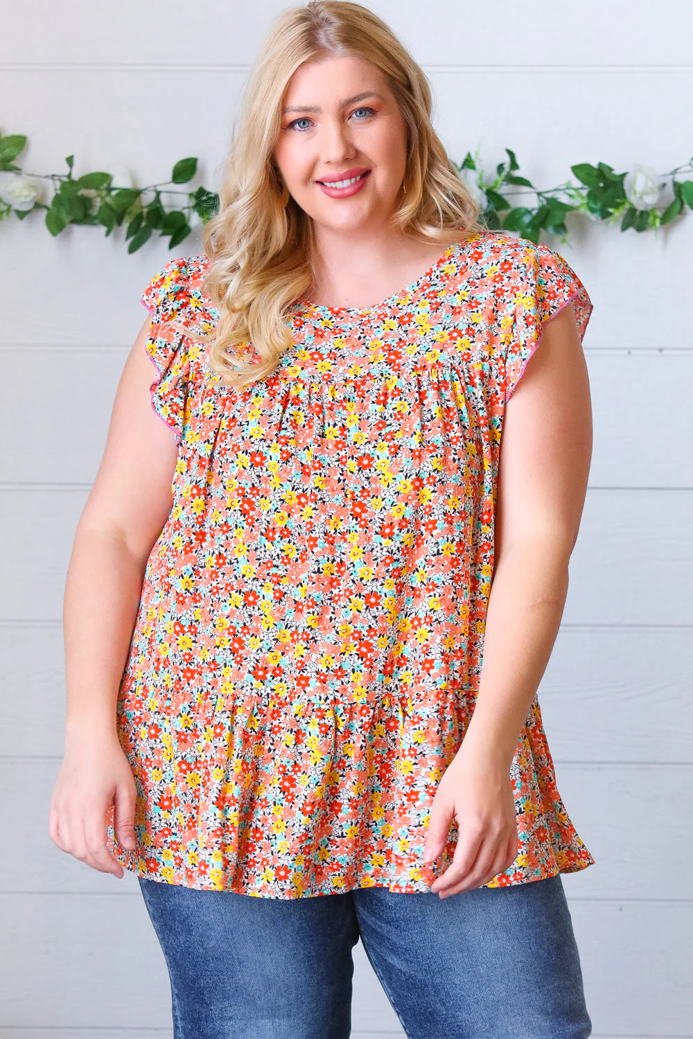 Sunset Floral Print Ruffle Tiered Keyhole Top - Image 4