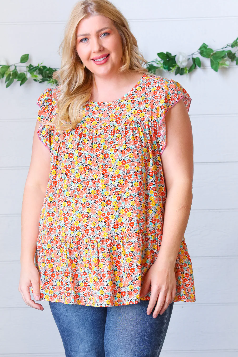 Sunset Floral Print Ruffle Tiered Keyhole Top - Image 7