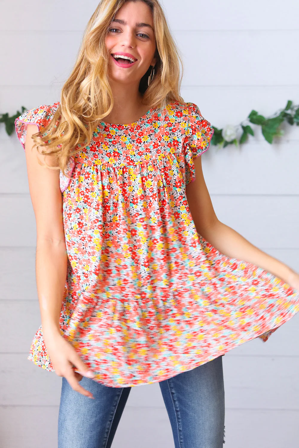 Sunset Floral Print Ruffle Tiered Keyhole Top - Image 8