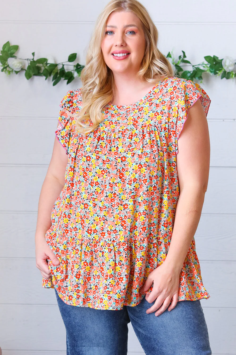 Sunset Floral Print Ruffle Tiered Keyhole Top - Image 9