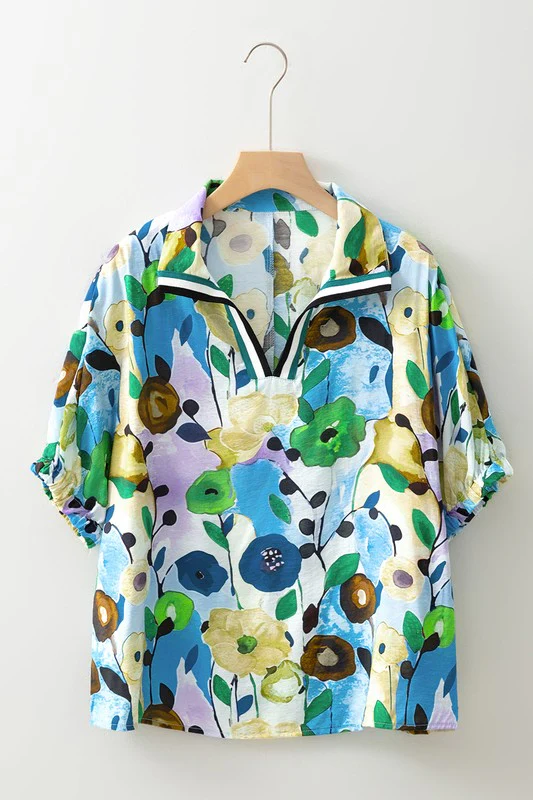 Peacock Blue Floral Print Boho Pop of Color Neckli - Image 15