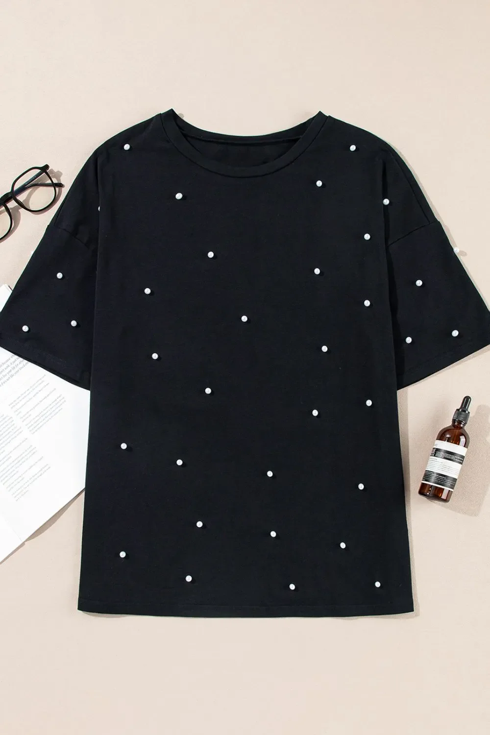 Pearl Beaded Round Neck Half Sleeve T Shirt - Image 6