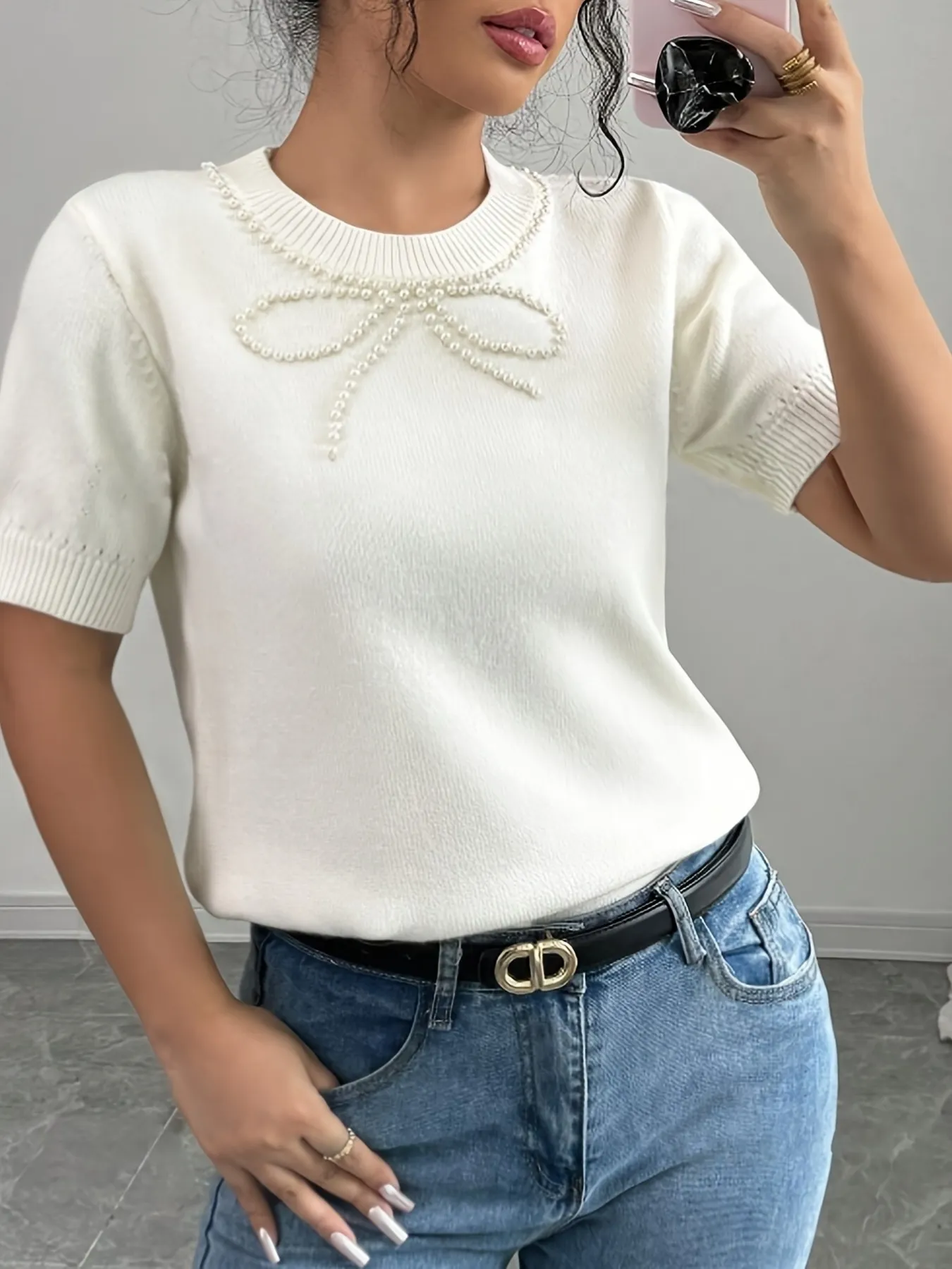 Pearl Bow Embellished Round Neck Sweater - Image 3
