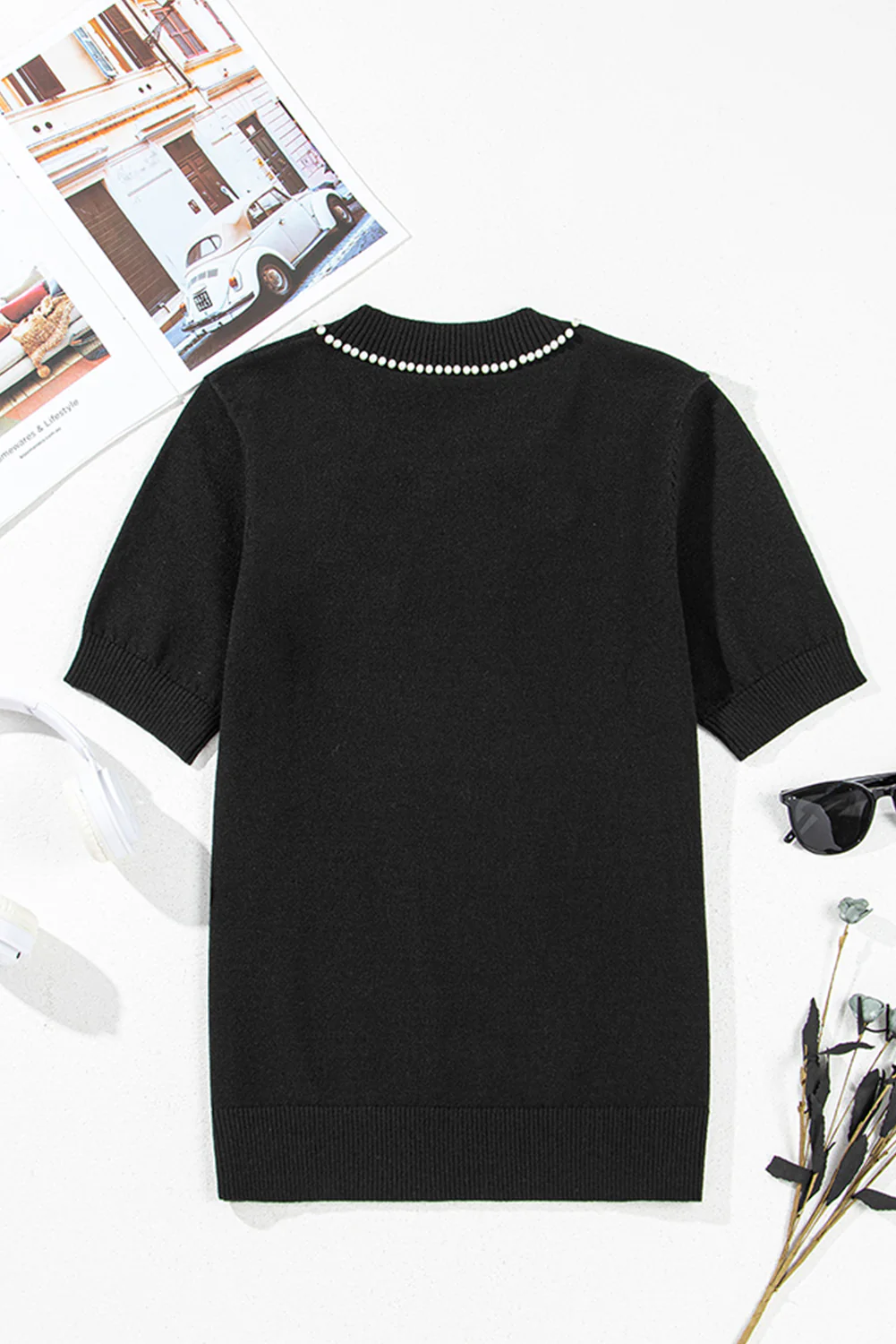 Pearl Bow Necklace Embellished Short Sleeve Knit Top - Image 6
