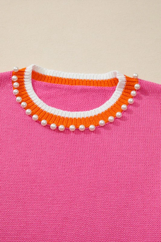 Pearl Contrast Trim Crewneck Drop Shoulder Sweater - Image 4