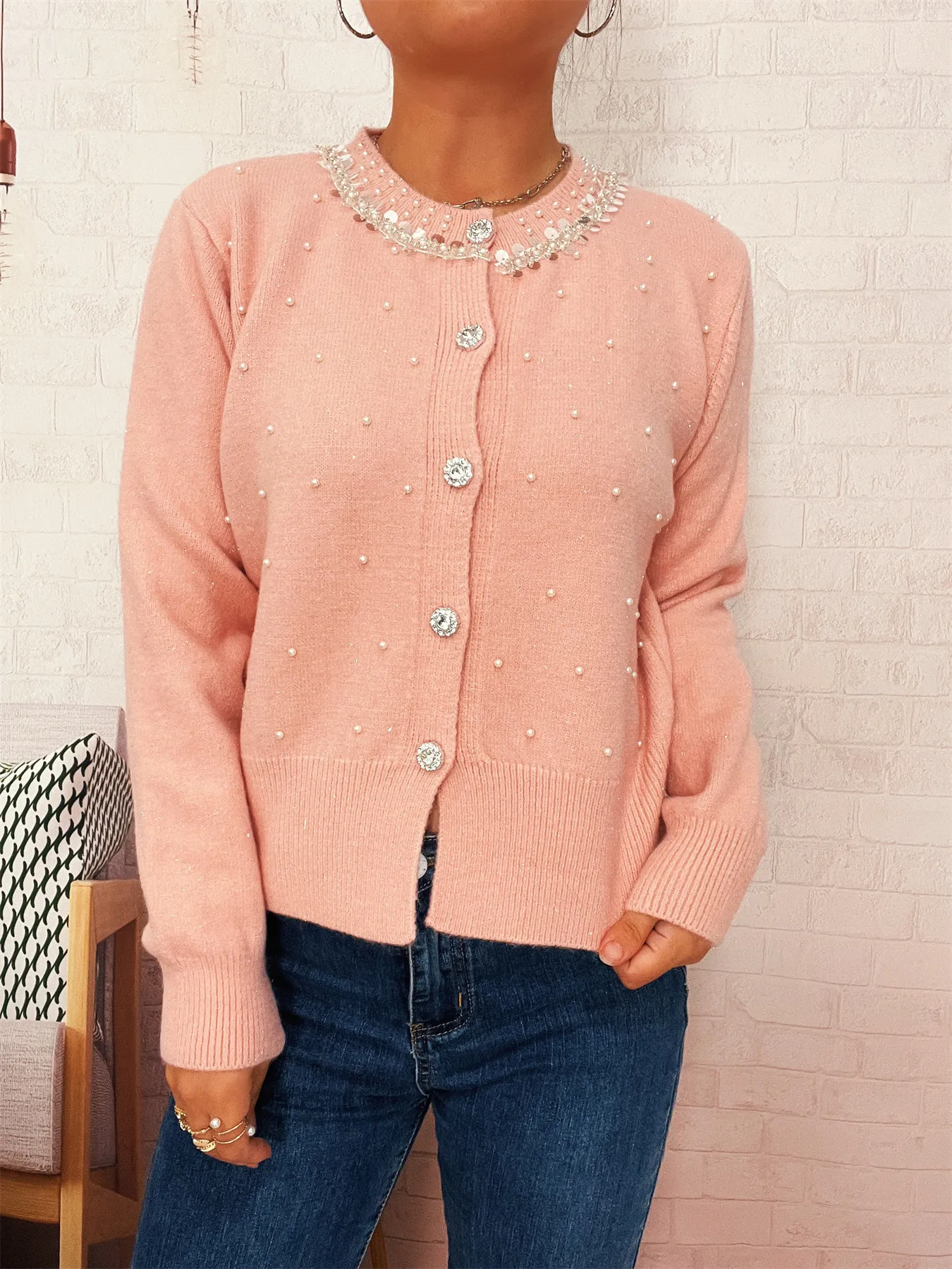 Pearl Detail Button-Front Cardigan - Image 10