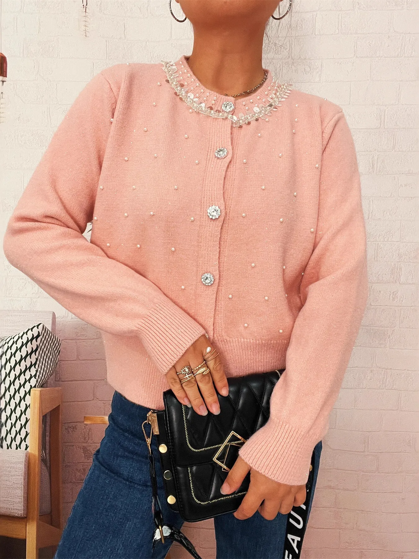 Pearl Detail Button-Front Cardigan - Image 14