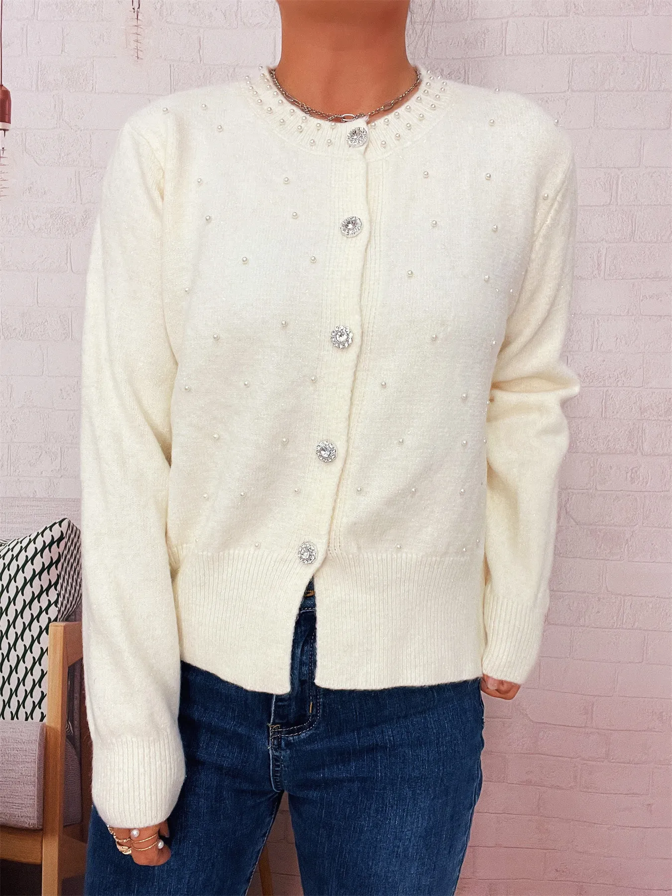 Pearl Detail Button-Front Cardigan - Image 16
