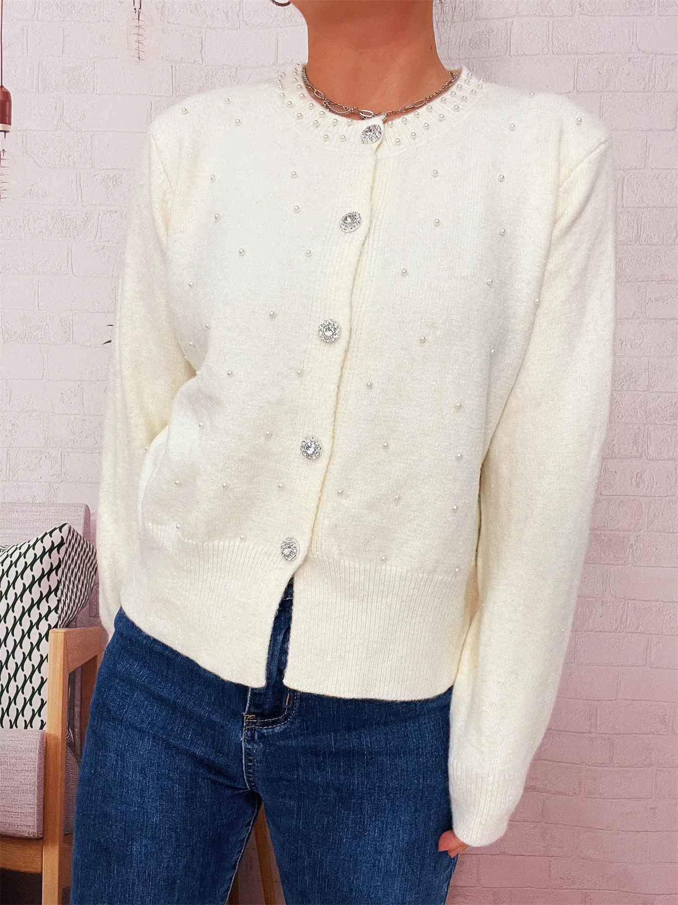 Pearl Detail Button-Front Cardigan - Image 17